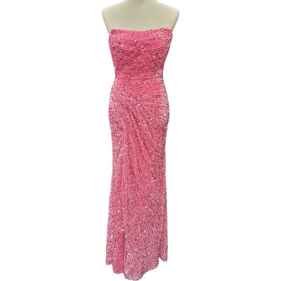 NWT Bright Pink Strapless Sequin Evening Gown with Corset Back on Velvet Fabric - Picture 1 of 12